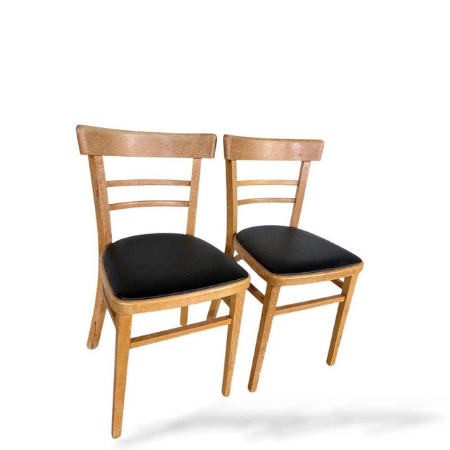 Wood Mid-Century Beech Dining Chairs with Black Vinyl Seats, 1950s, Set of 2 For Sale - Image 7 of 9