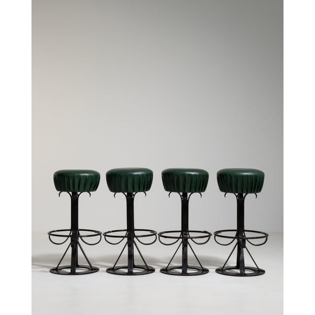 1970s Set of Four Bar Stools with Wrought Iron Bases For Sale - Image 10 of 16