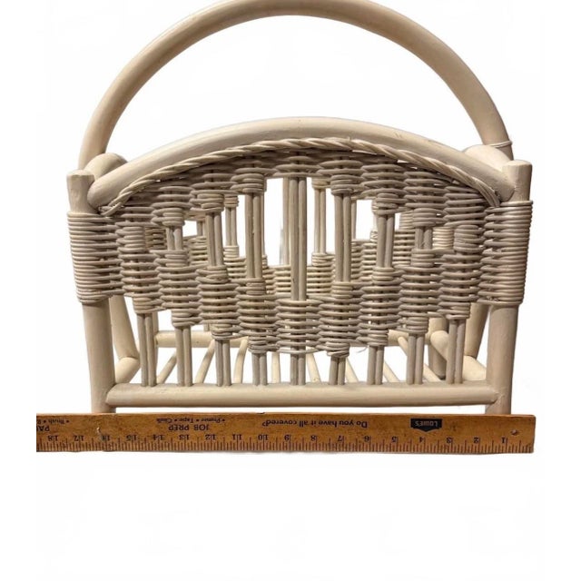 Vintage Boho Whitewashed Rattan & Wicker Magazine Rack With Arched Handle For Sale - Image 4 of 5