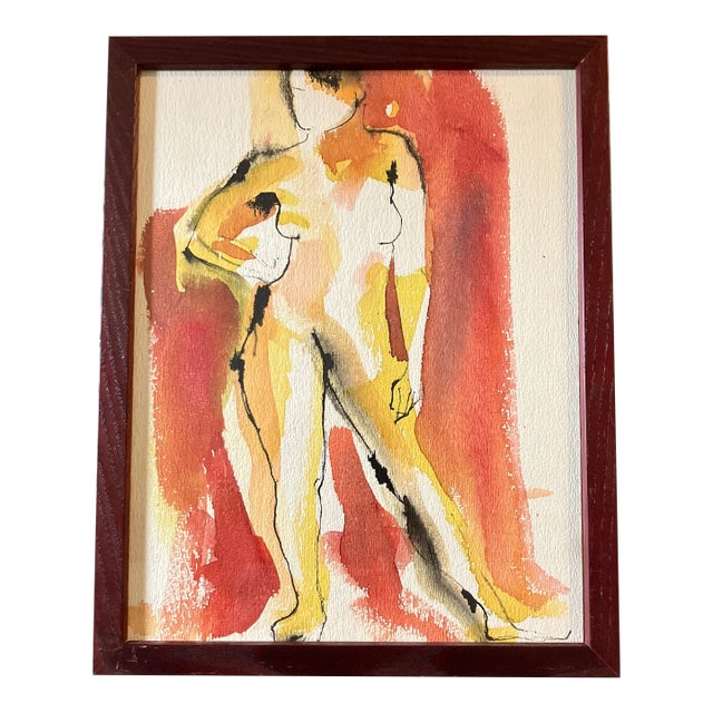 1970’s Original Female Nude Abstract Watercolor Painting Framed For Sale