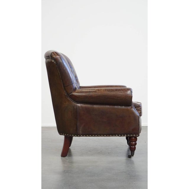 Cognac Colored Brown Chesterfield Armchair For Sale - Image 3 of 14