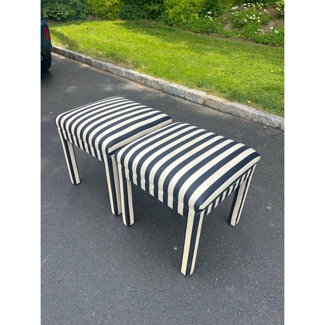 1980s Pair of Striped Square Ottomans in the Style of Billy Baldwin For Sale - Image 5 of 12