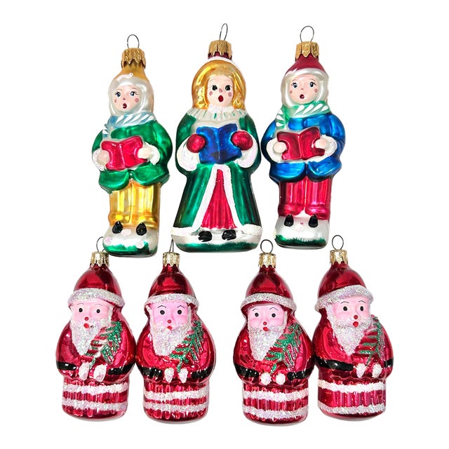 Vintage Glass Santa & Christmas Caroler Ornaments – Set of 7 For Sale