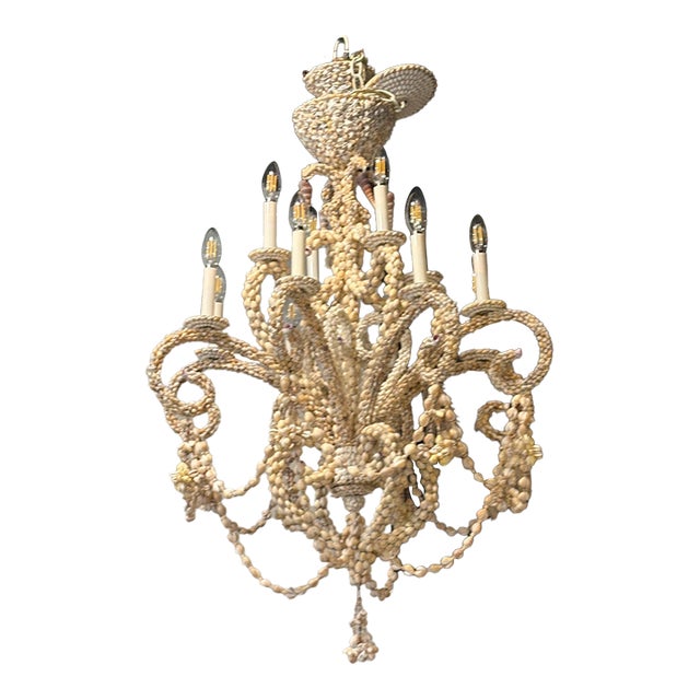 Vintage Coastal Shell Seashell Encrusted Coastal Palm Beach 12 Light Chandelier For Sale