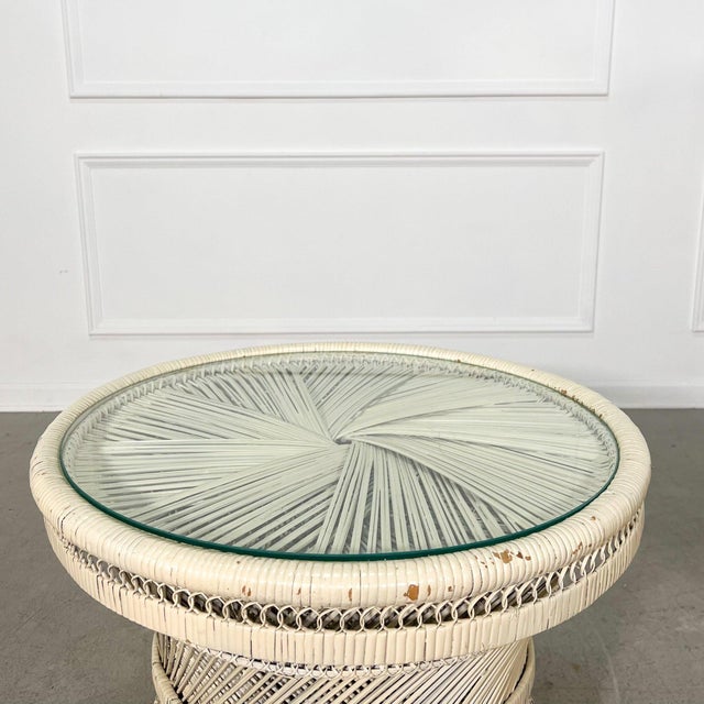 1970's Woven Buri Rattan Hand Painted Circular Side Tables - A Pair For Sale - Image 4 of 8