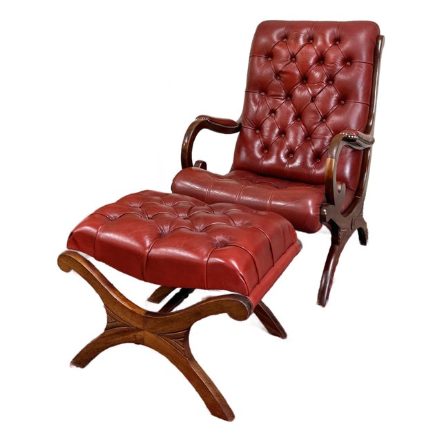 Vintage English Chesterfield Style Tufted Campeche Chair Ottoman Red Leather For Sale