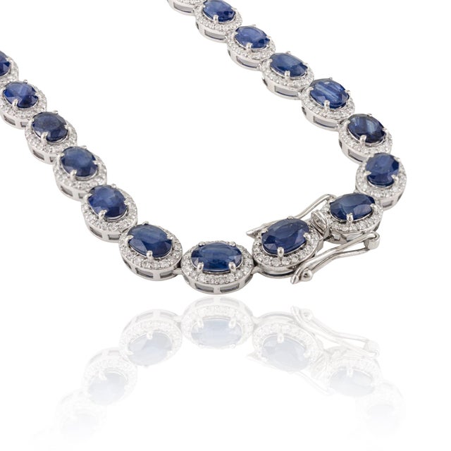 27.67 Carat Blue Sapphire & Diamond Luxury Art Deco Necklace by VRJewels in 14k Gold For Sale - Image 9 of 16