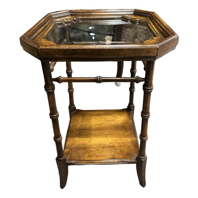 Small Vintage Faux Bamboo Glass Top Side Table For Sale