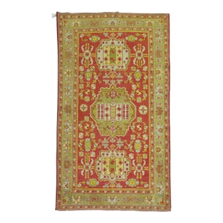 Khotan Bright Red Green Yellow Antique 20th Century Wool Handmade Oriental Rug - 5'3" x 8'4" For Sale