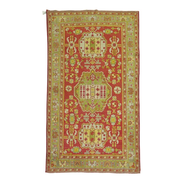 Khotan Bright Red Green Yellow Antique 20th Century Wool Handmade Oriental Rug - 5'3" x 8'4" For Sale