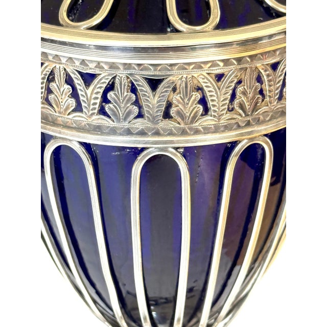 Pair Antique Sheffield Plate & Cobalt Glass Anthemion Motif Urns, Now as Lamps For Sale - Image 11 of 12