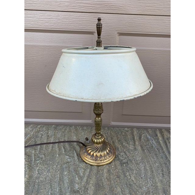 Metal Mid-20th Century Neoclassical Brass Lamp With White Tole Shade For Sale - Image 7 of 9
