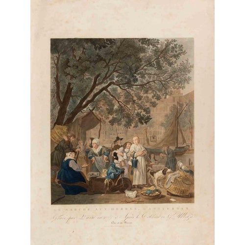 François Anne David, The Herb Market in Amsterdam, 1775, Etching For Sale