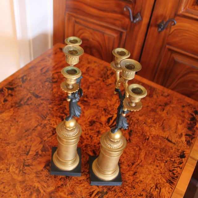 Pair of Continental Classical Gilt and Black Figural Three Light Candelabra For Sale - Image 12 of 14
