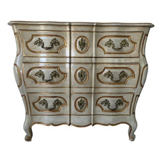 Vintage Louis XV Style Bombe Chest of Drawers in Painted Finish With Ornate Brass Hardware For Sale
