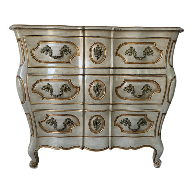 Vintage Louis XV Style Bombe Chest of Drawers in Painted Finish With Ornate Brass Hardware For Sale