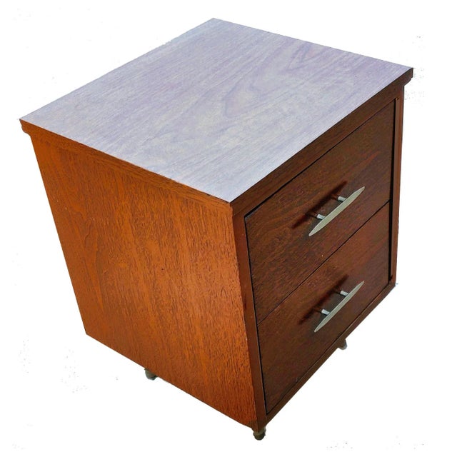 Mid-Century Modern Eames Era Sold Wood Two Drawer Desk Cabinet With Pegged Capped Peg Legs For Sale - Image 3 of 9