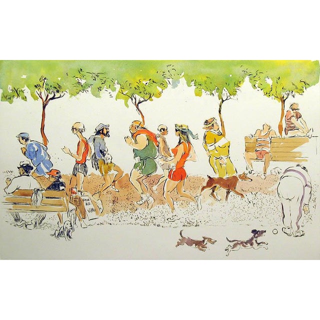 Impressionist William Papas "Joggers" Hand Colored Drypoint Etching Fine Art For Sale - Image 3 of 4