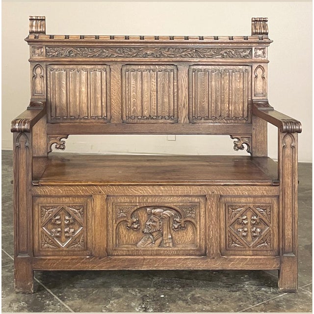 Gothic Antique Gothic Revival Carved Hall Bench For Sale - Image 3 of 18