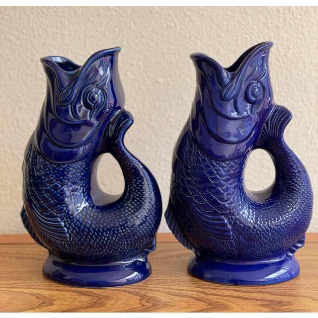 Vintage Wade Ceramics Gluggle Jug Cobalt Blue Fish Pitchers a Pair