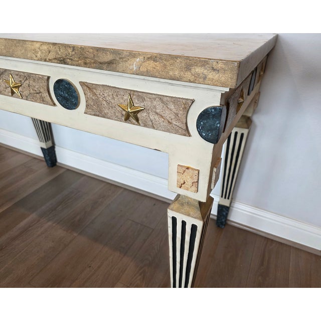 Neoclassical Gustavian Style Gilt Bronze Mounted Cream Painted Console Table With Marbelized Faux Marble For Sale - Image 10 of 18