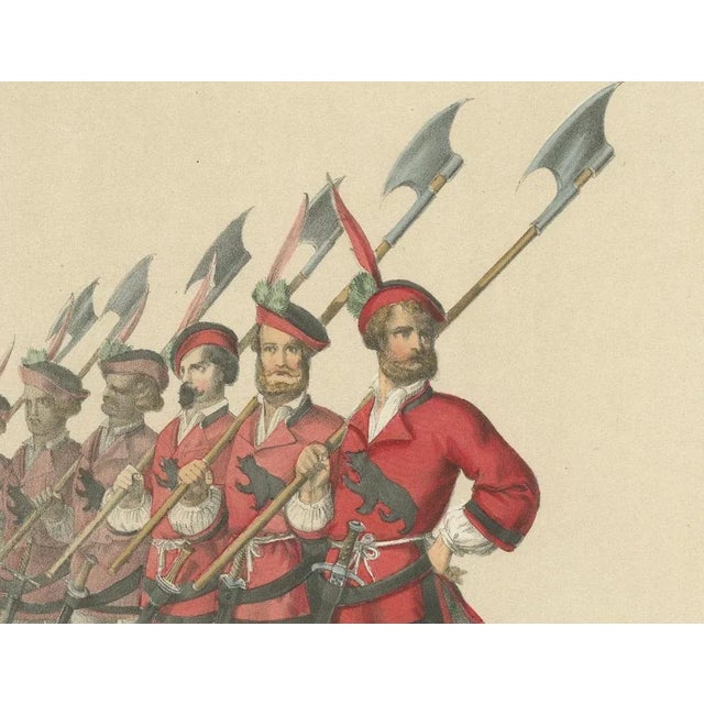 Bernese Banner Carrier Leading Halberdiers in Swiss Confederation Pageantry This stunning hand-colored lithograph...