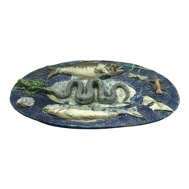 Antique François Maurice French Palissy Majolica Snake Fish Platter Plaque 1880 For Sale
