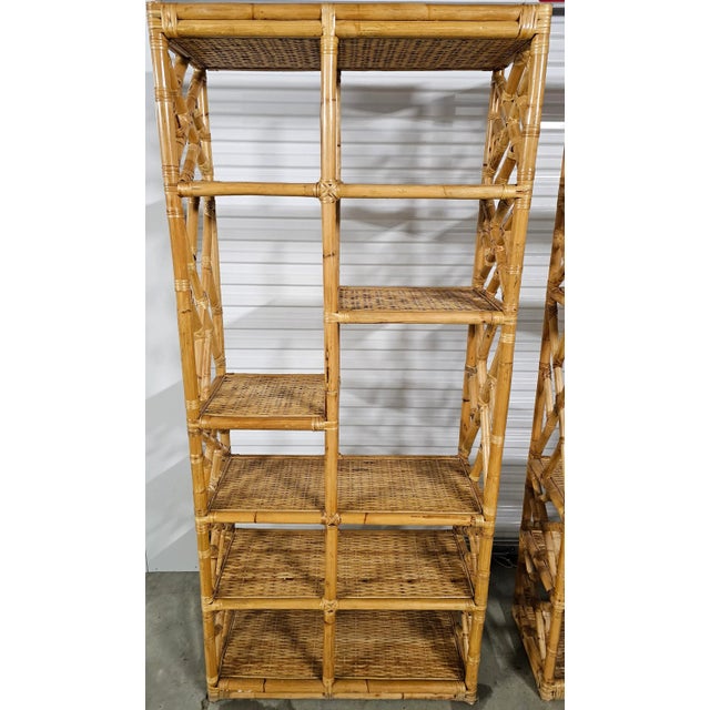Wood Mid 20th Century Pair of Chinese Chippendale Style Woven Rattan and Bamboo Etageres For Sale - Image 7 of 7