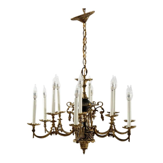 French Empire Style Ebonized Bronze Twelve-Light Chandelier, Early 20th Century For Sale