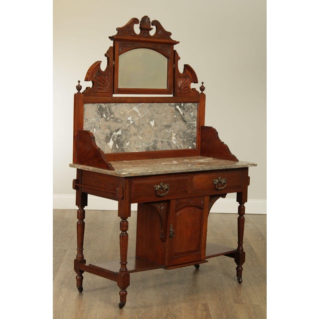 Antique Victorian Walnut Marble Top Wash Stand, Mirror Backsplash