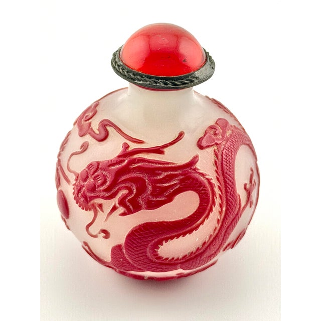 Chinese Peking Glass Snuff Bottle-Carved Red Cameo Overlay Dragon & Phoenix Design, 19th Century For Sale - Image 4 of 9