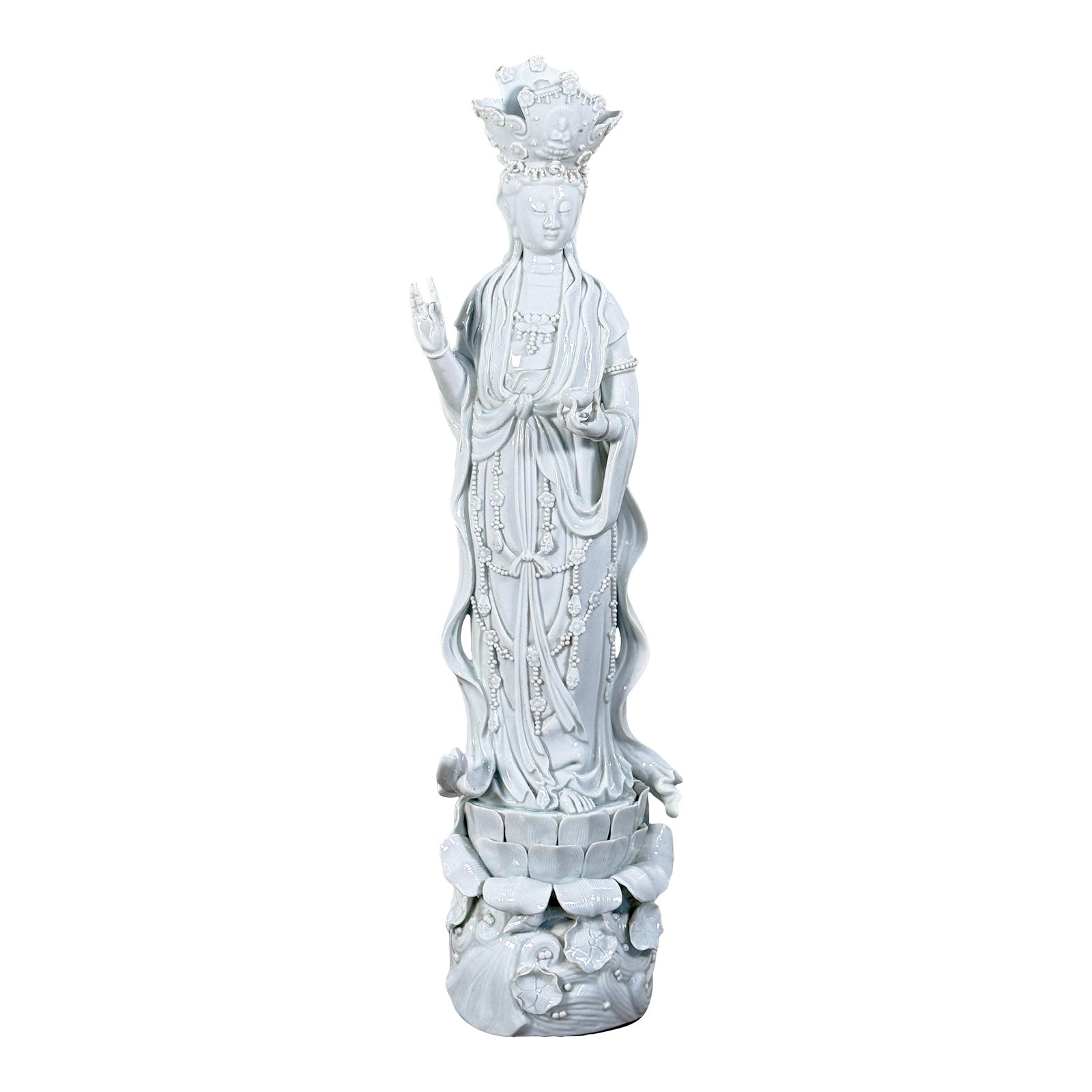 Vintage Chinese Blanc De Chine Guanyin Porcelain Deity Statue on Lotus Pedestal