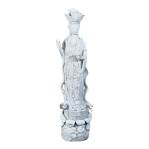 Vintage Chinese Blanc De Chine Guanyin Porcelain Deity Statue on Lotus Pedestal