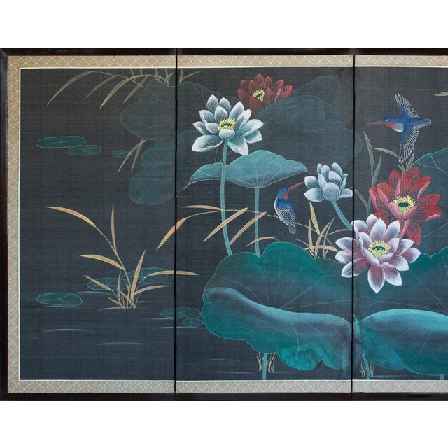 Lovely Chinoiserie Style 4-panel folding painted silk screen "Hummingbirds and Lotus" on charcoal color background....