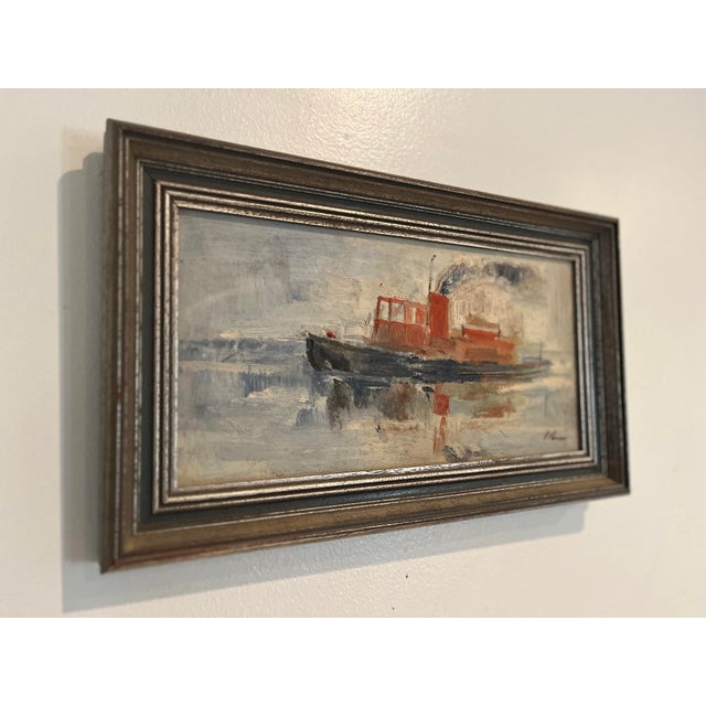 Vintage Impressionist Oil on Board Harbor Tugboat Painting For Sale In West Palm - Image 6 of 9