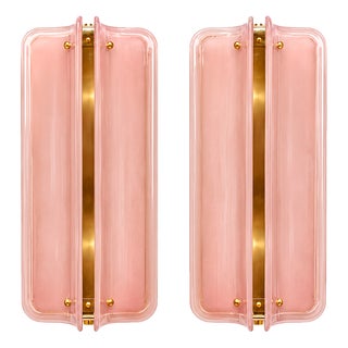 Italian Brass Wall Sconces with Pink Murano Glass Panels, Set of 2 For Sale