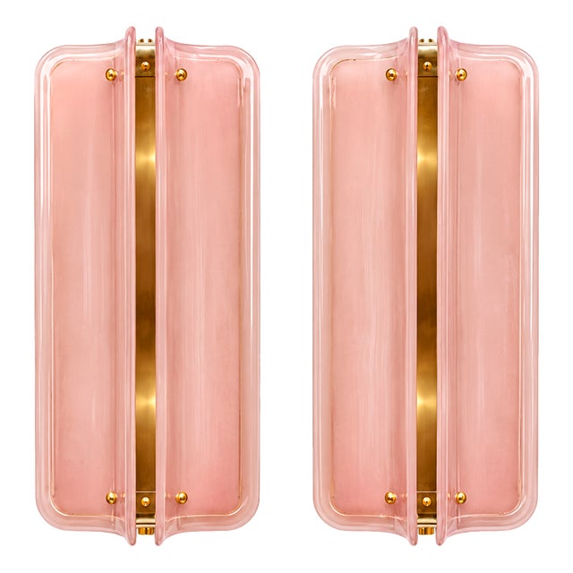 Italian Brass Wall Sconces with Pink Murano Glass Panels, Set of 2 For Sale