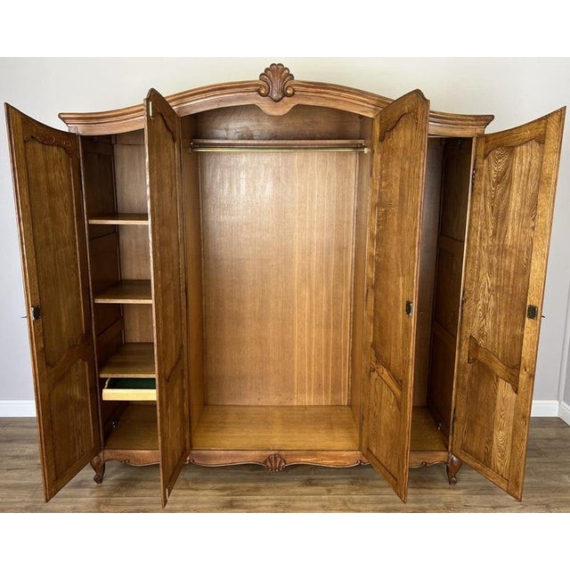 Vintage French Louis XVI Style Carved Oak 4-Door Armoire For Sale - Image 9 of 10