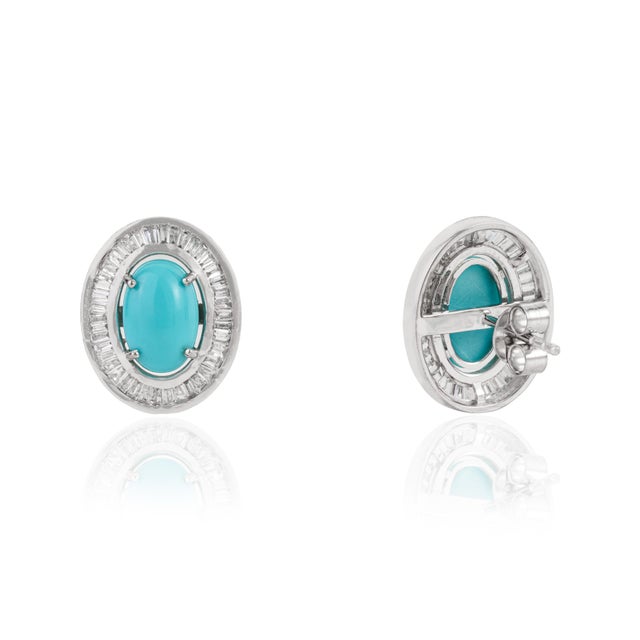 Metal 14k White Gold Halo Stud Earrings With 2.52ct Turquoise & Diamonds- A Pair For Sale - Image 7 of 15