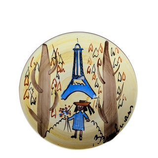 Madeleine in Paris at Eiffel Tower Plate in Painted and Glazed Ceramic by Ludwig Bemelmans, 1950s For Sale