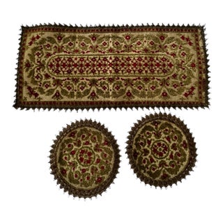 Vintage Set 2 Tapestry Doilies & 1 Table Runner Group Muylle Green Gold Red Baroque Floral Woven - 3 pcs For Sale