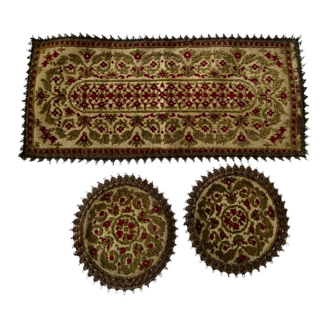 Vintage Set 2 Tapestry Doilies & 1 Table Runner Group Muylle Green Gold Red Baroque Floral Woven - 3 pcs For Sale