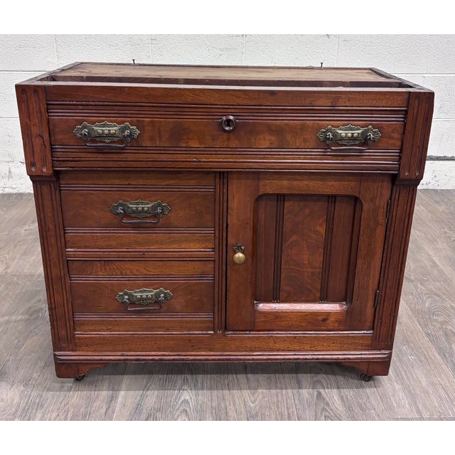 Wood Antique Victorian Eastlake Walnut Marble Top Knapp Joint Washstand For Sale - Image 7 of 15
