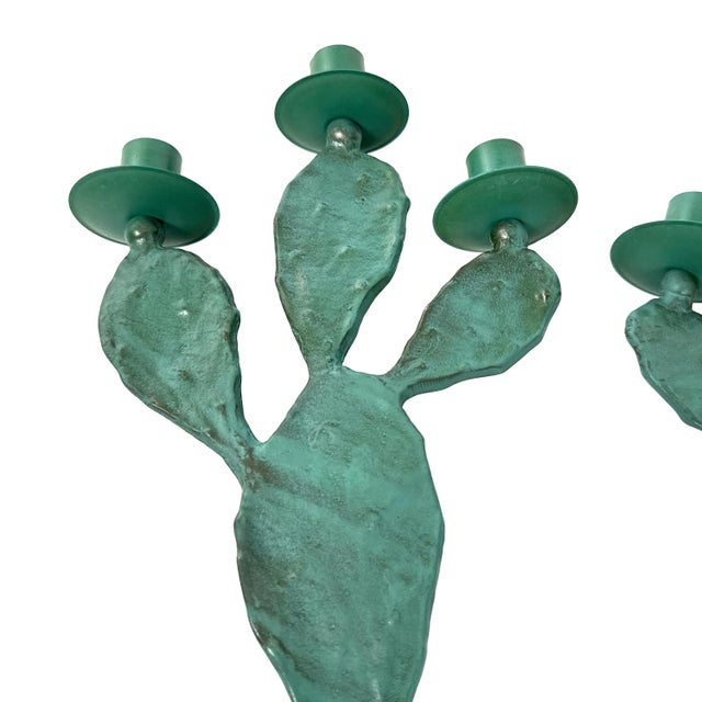 Vintage 1990s Pair of (2) Turquoise Prickly Pear Cactus Candelabras Metal Candle Stick Holders For Sale - Image 11 of 17