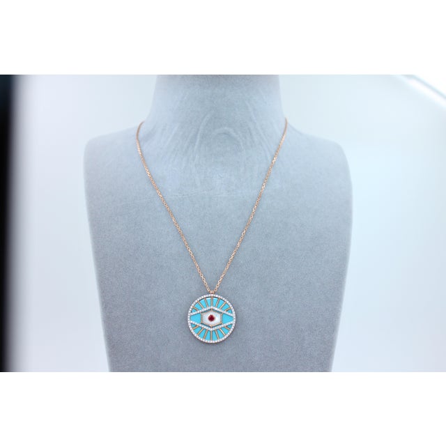 Diamond Halo Evil Eye Turquoise 18k Rose Gold Pendant Charm Medallion Necklace For Sale - Image 16 of 18