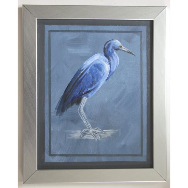 Contemporary White Flamingo Bird Blue White Navy Gray Minimalism Americana Folk Art Original Oil Painting Cleo Plowden For Sale - Image 3 of 4