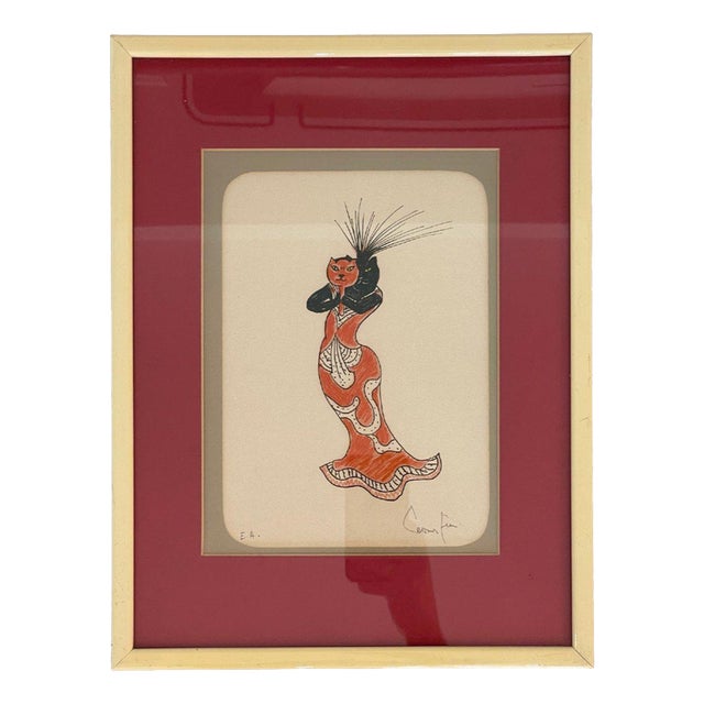 Leonor Fini, Masked Cat in Red Dress, Felt Tip on Paper For Sale