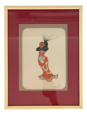 Leonor Fini, Masked Cat in Red Dress, Felt Tip on Paper