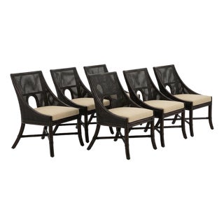 6 Barbara Barry, McGuire, Oval Back Cane and Rattan Dining Chairs. Chairs Have a Tobacco Black Rattan Frame With Upgraded Tan Linen Upholstery. For Sale