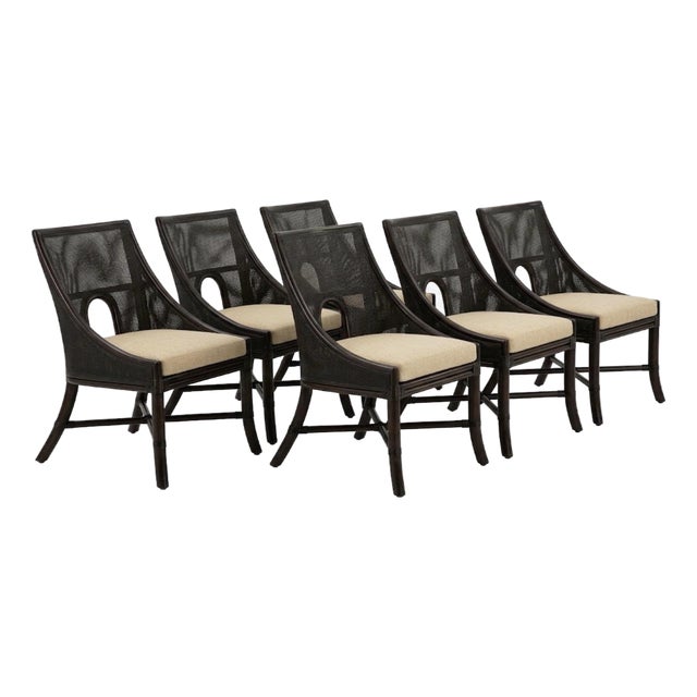 6 Barbara Barry, McGuire, Oval Back Cane and Rattan Dining Chairs. Chairs Have a Tobacco Black Rattan Frame With Upgraded Tan Linen Upholstery. For Sale